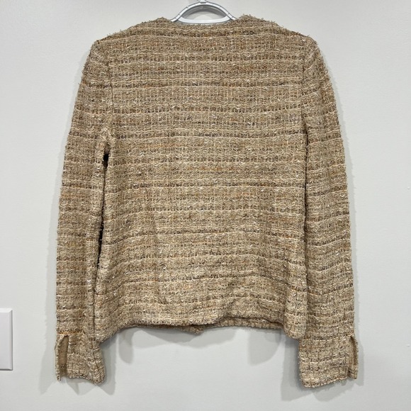 St John Womens Blazer Jacket 4 Tan Tweed Cotton Linen Career Snap Button Crew - Picture 3 of 8